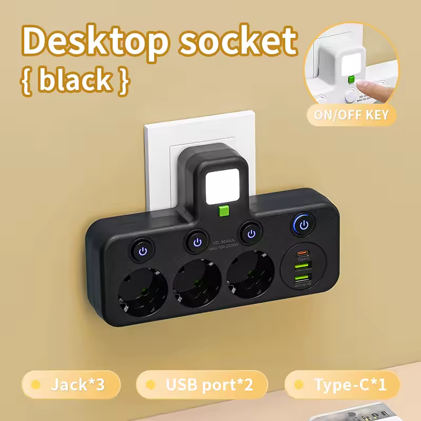 Compact EU Power Strip with USB Charging & Night Light