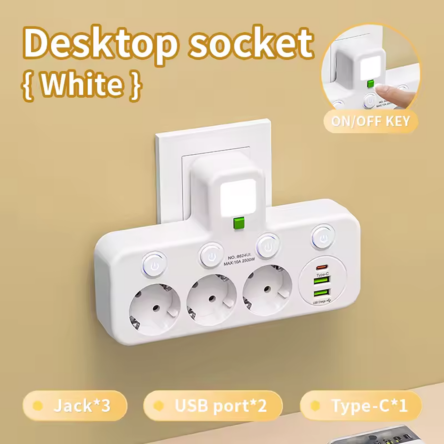 Compact EU Power Strip with USB Charging & Night Light