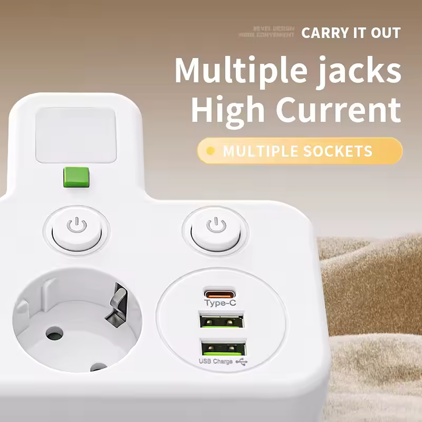 Compact EU Power Strip with USB Charging & Night Light