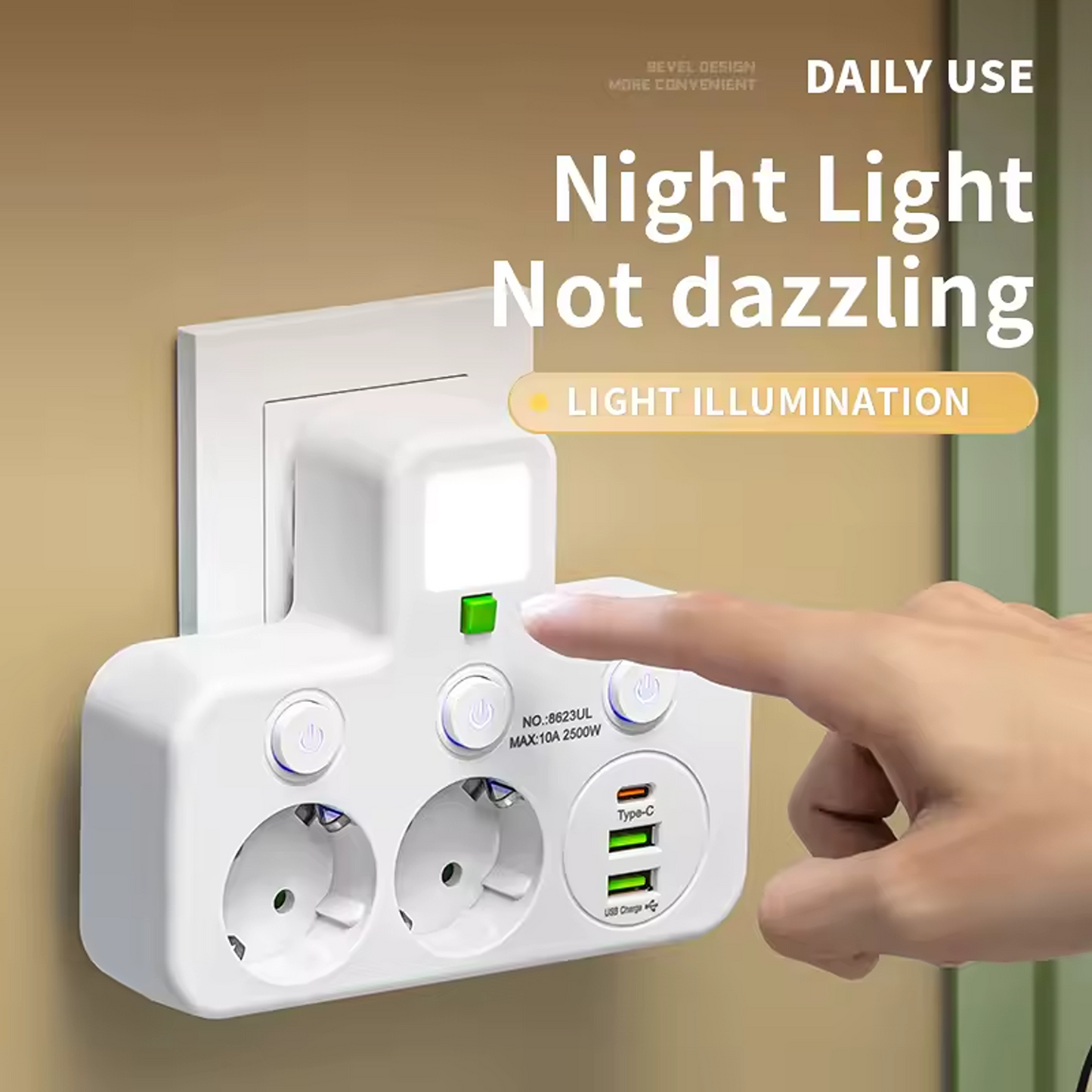 Compact EU Power Strip with USB Charging & Night Light