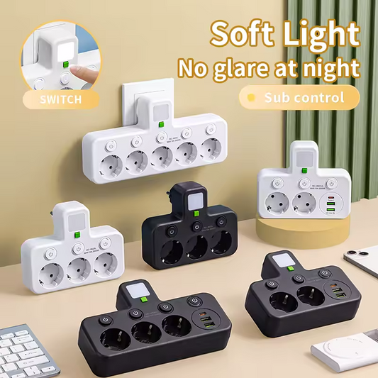 Compact EU Power Strip with USB Charging & Night Light